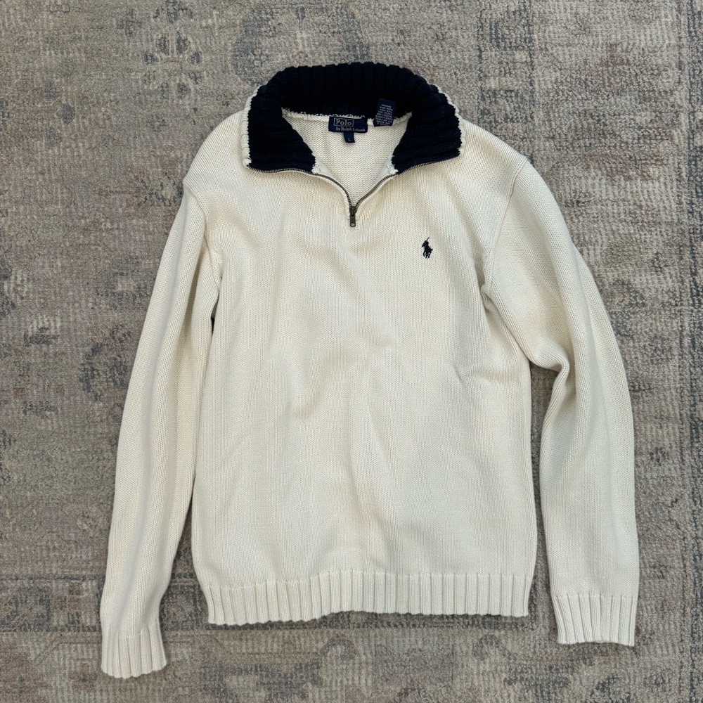 Polo Ralph Lauren Knit Half Zip Cream & Navy Blue Sweater